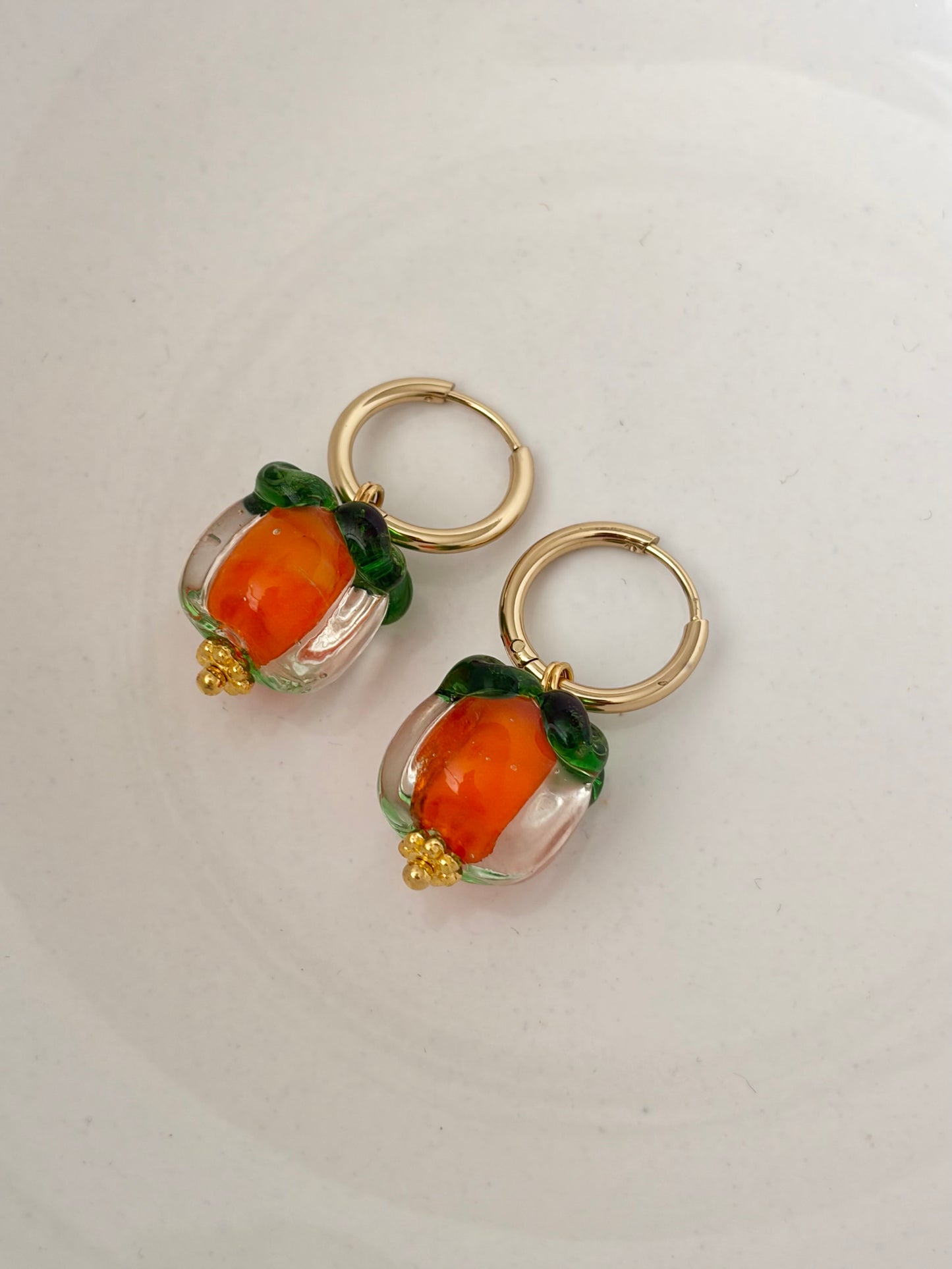 Peach fruit accessories. Gold huggie hoops