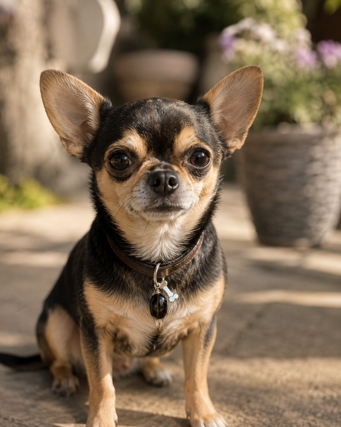 A small black and tan Chihuahua dog sitting outdoors on a stone patio, wearing a natural quartz collar charm accessory by Jess is and James stylelab