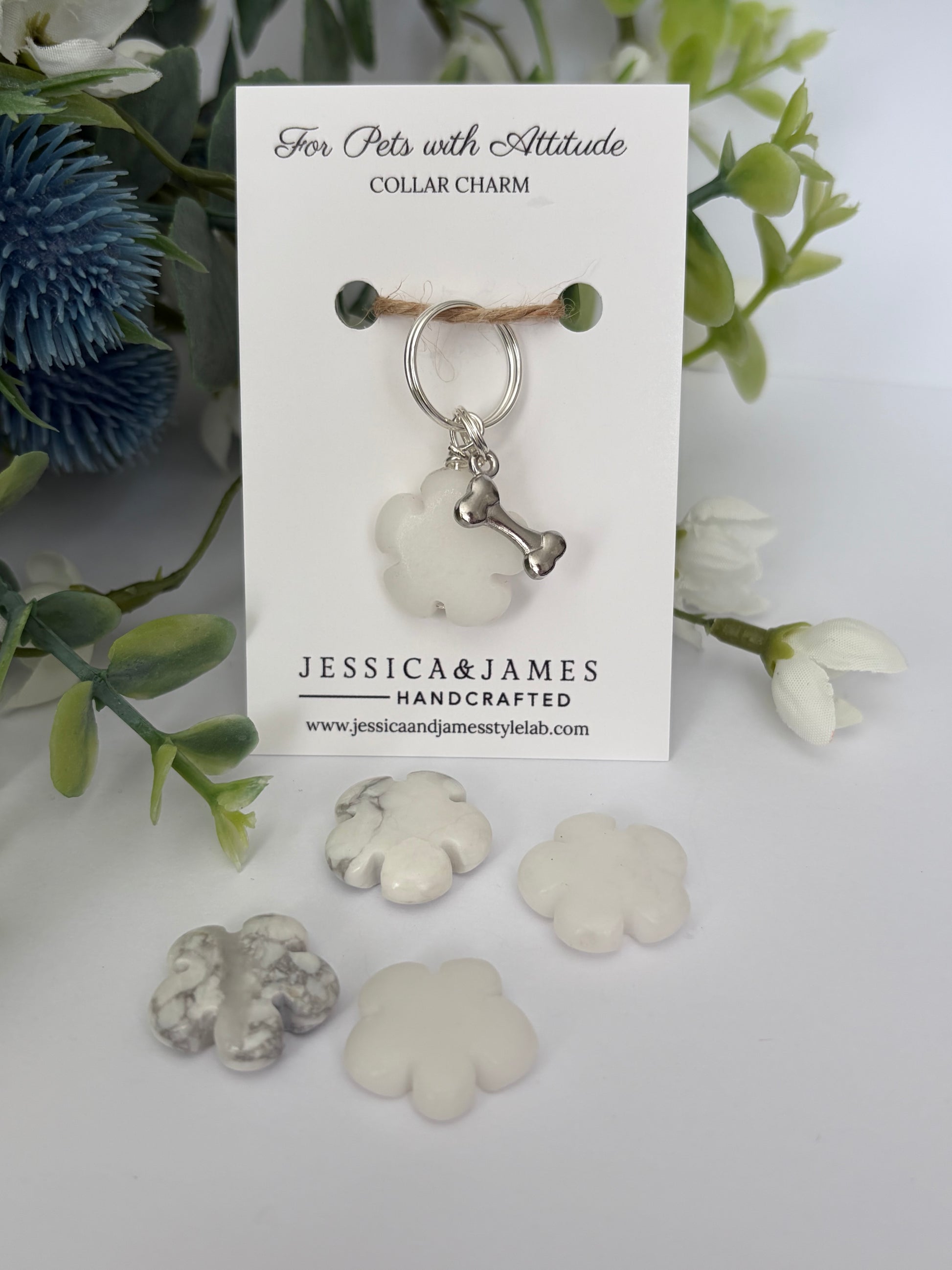 Howlite crystal pet tag charm, calming stone to help dogs sleep Jessica and James handcrafted