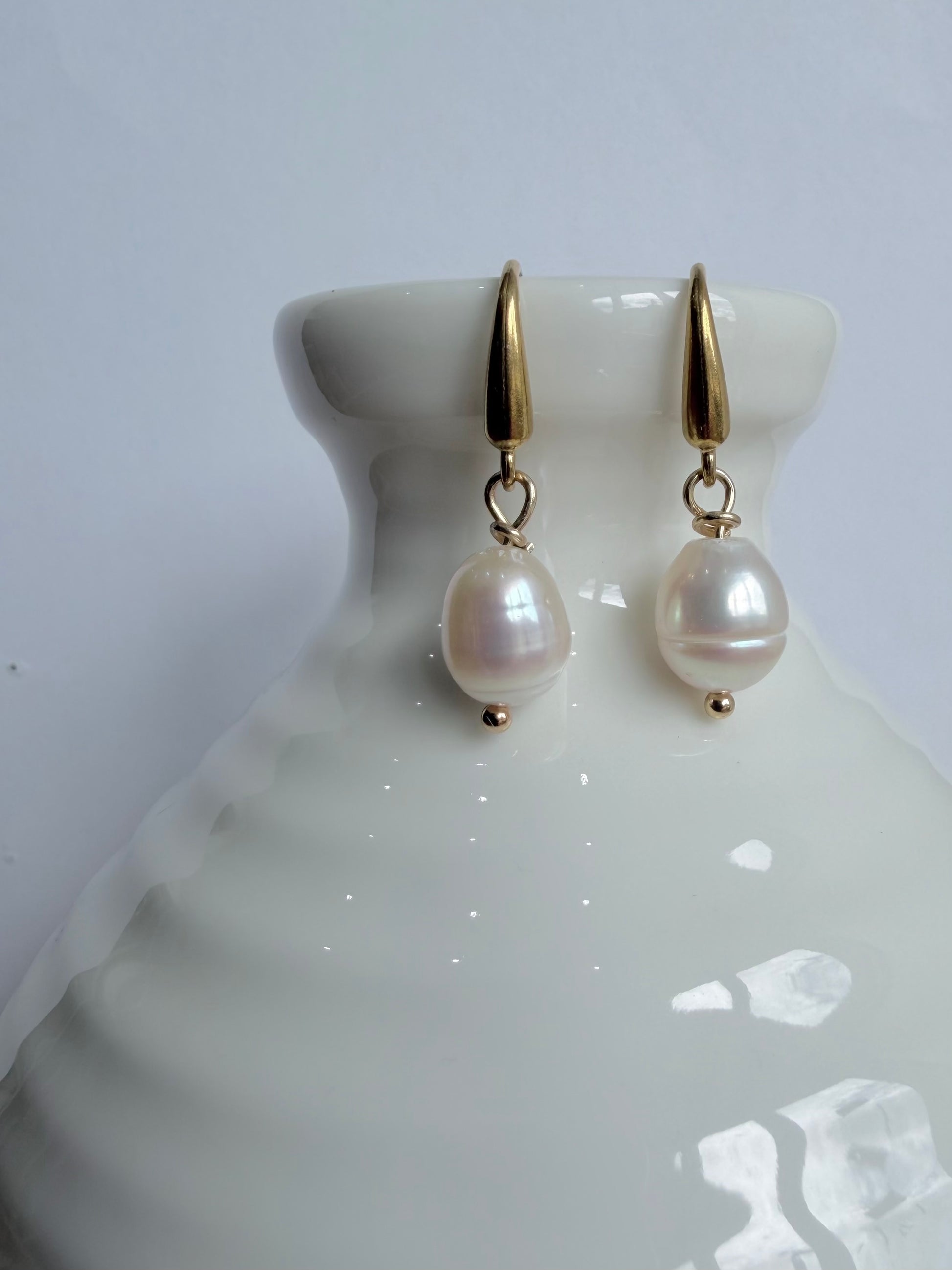 Pearl earrings with gold hooks Jessica and James jewellery