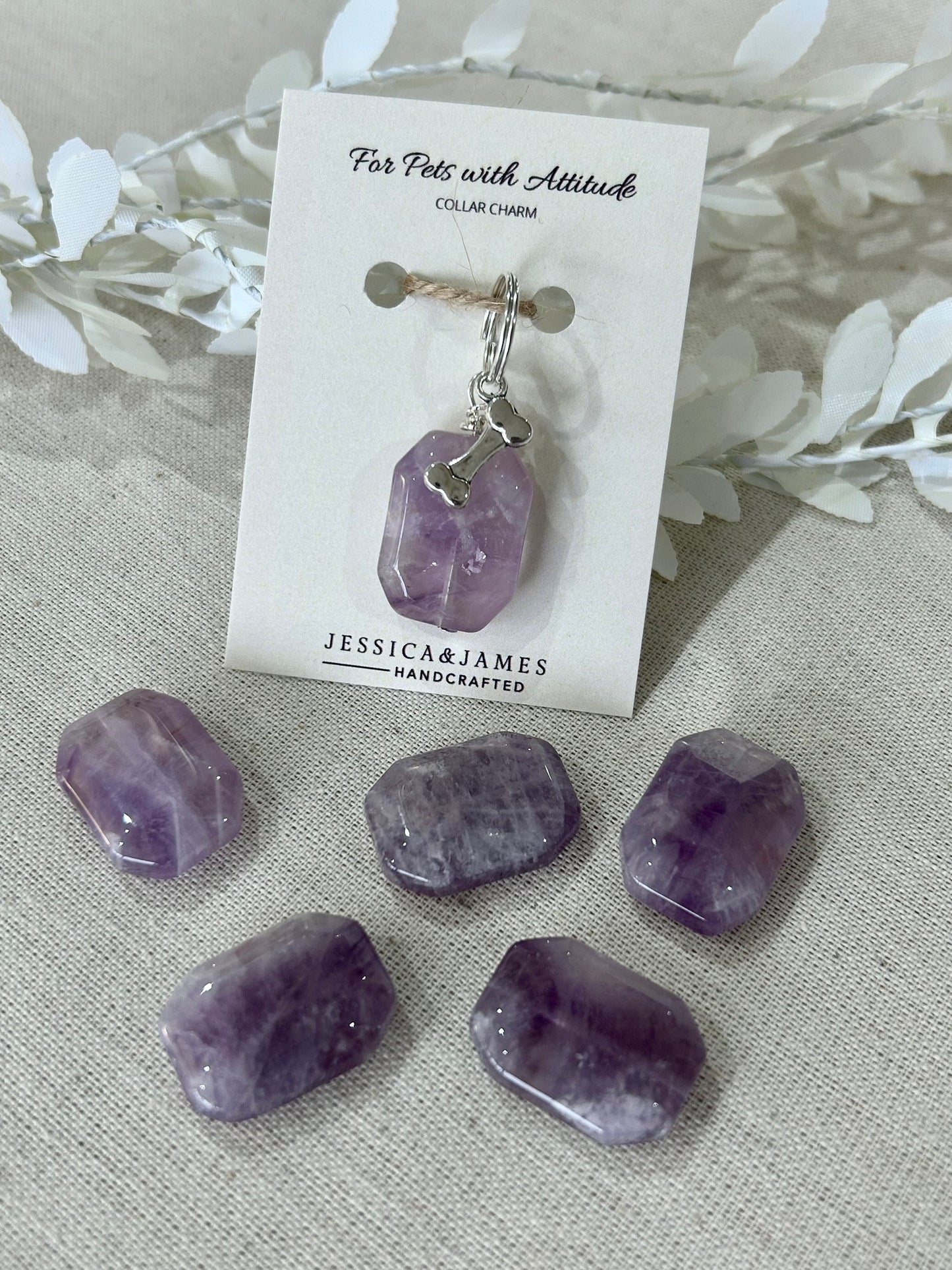 Natural amethyst dog collar charm with silver bone