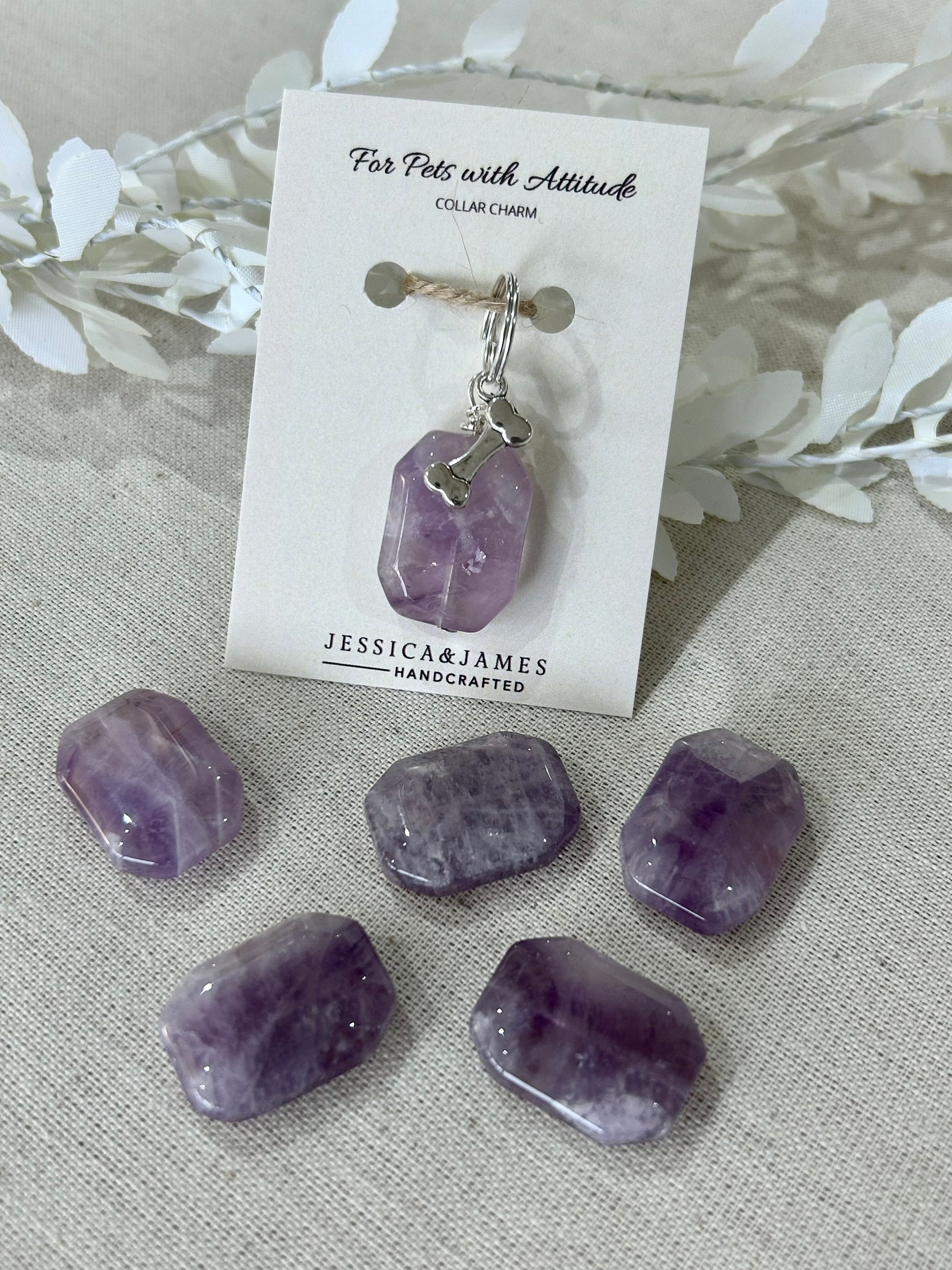 Natural amethyst dog collar charm with silver bone