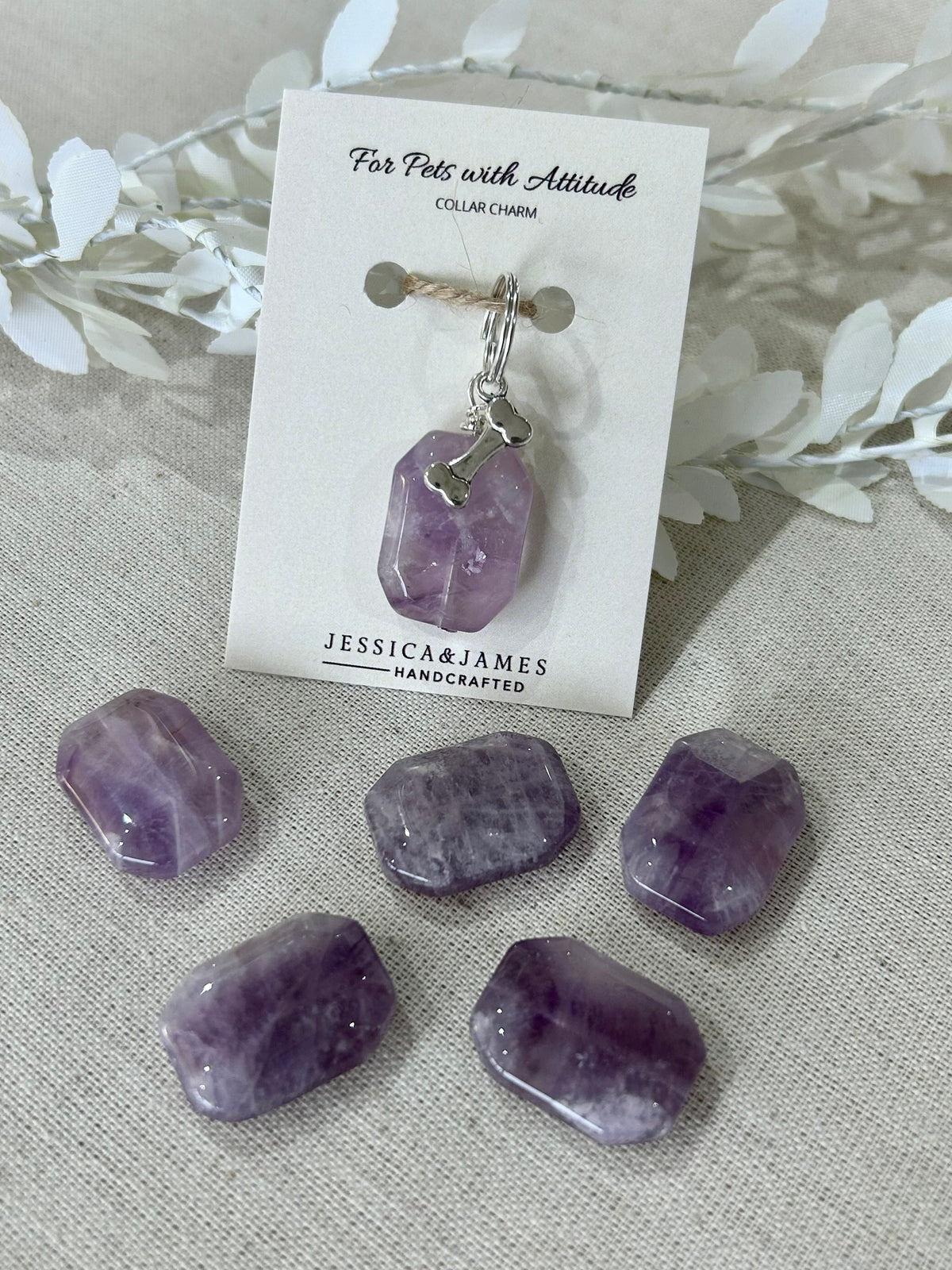 Natural amethyst dog collar charm with silver bone
