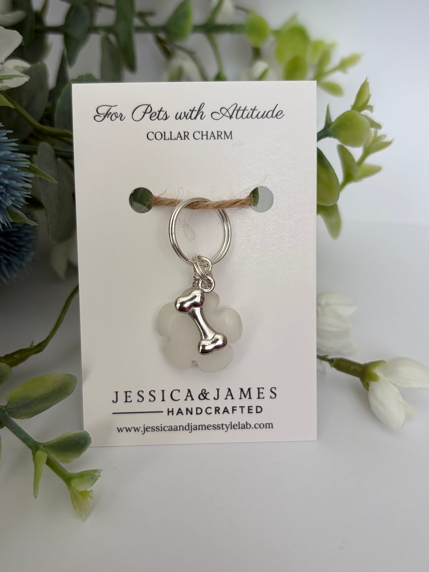 Natural white howlite gemstone dog collar charm with silver bone made in uk