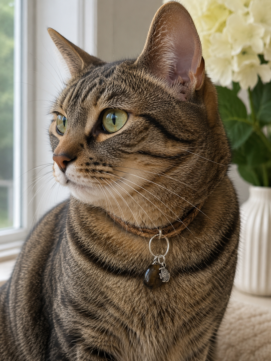 A close-up of a brown tabby cat wearing a tigers eye collar charm for good luck