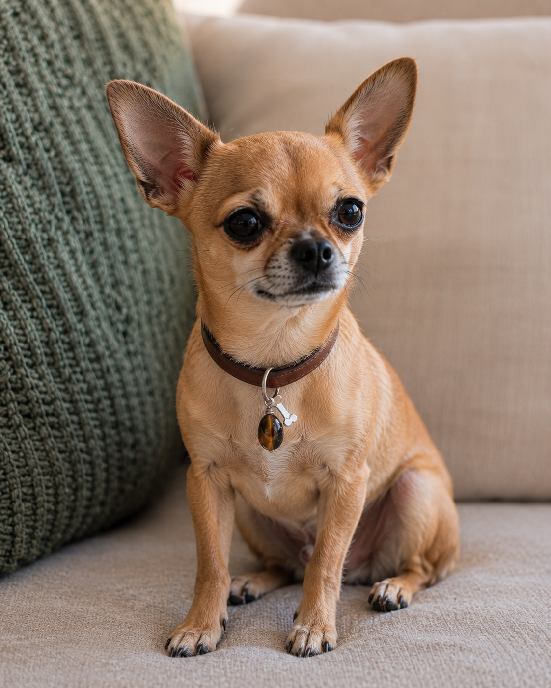 A small tan Chihuahua dog sitting on a beige sofa next to a green textured pillow, wearing a tigers eye crystal collar charm