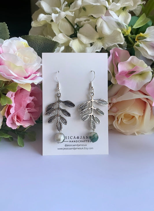 Tree Agate autumn/fall silver leaf earrings