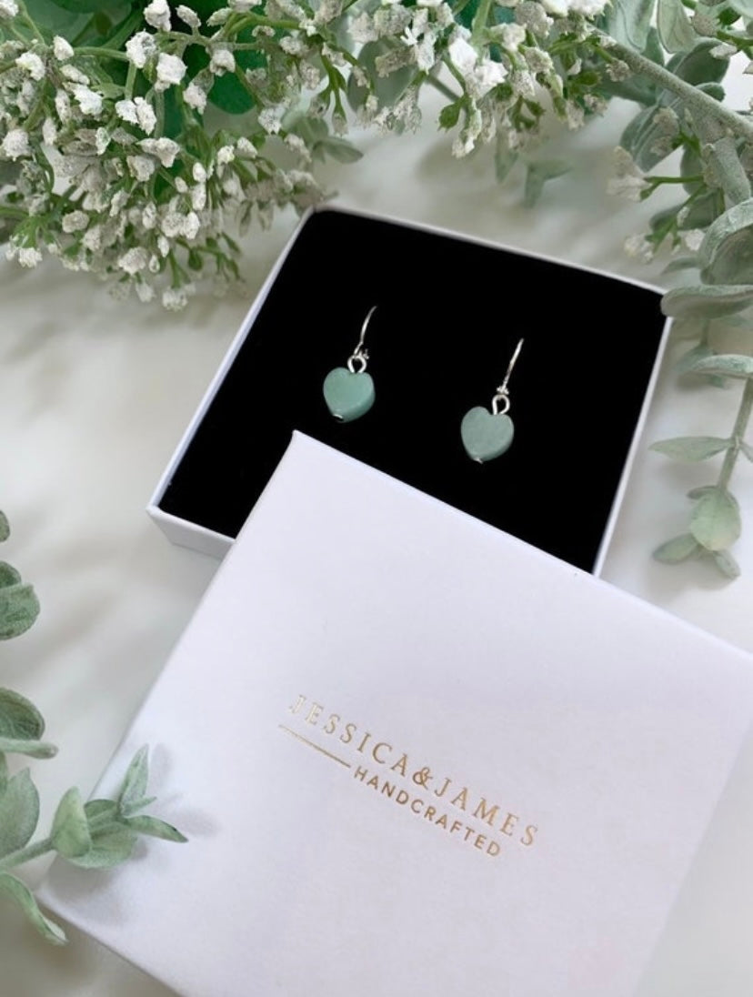 Green Aventurine Heart Earrings in silver
