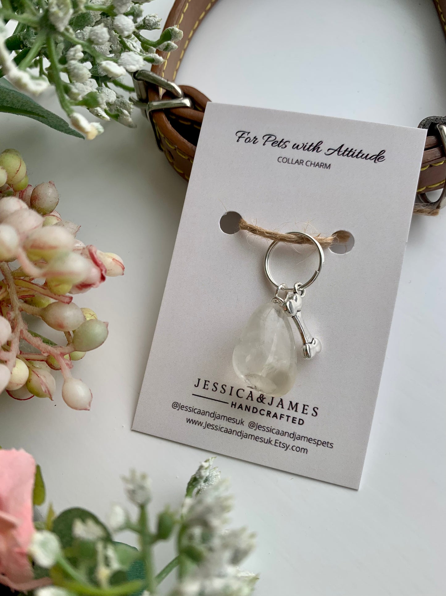 A citrine flower-shaped gemstone collar charm for dogs, attached to a silver-toned bone, presented on a card with the brand name 'Jessica and James'.
