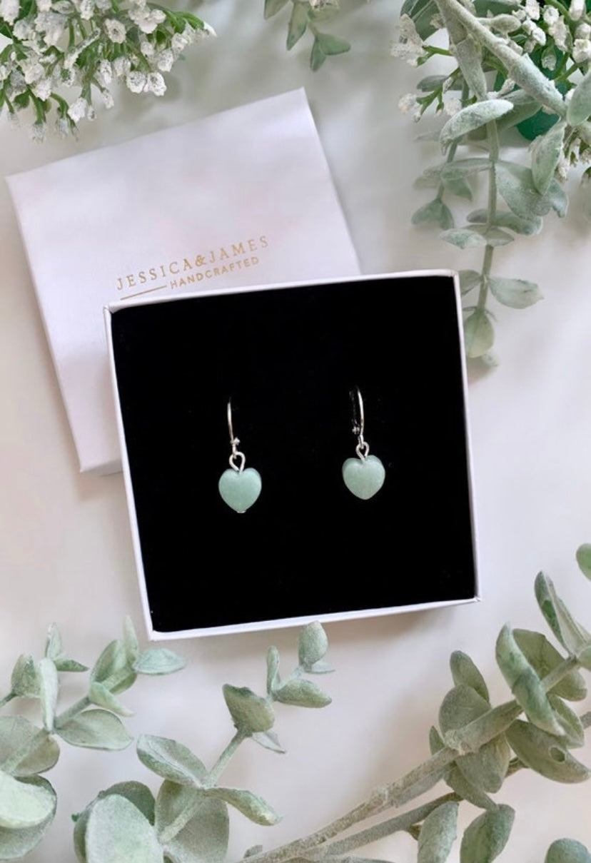 Green Aventurine Heart Earrings in silver