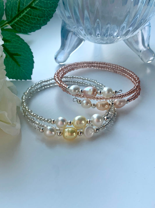 Silver Pearl & Glass spiral Bracelet